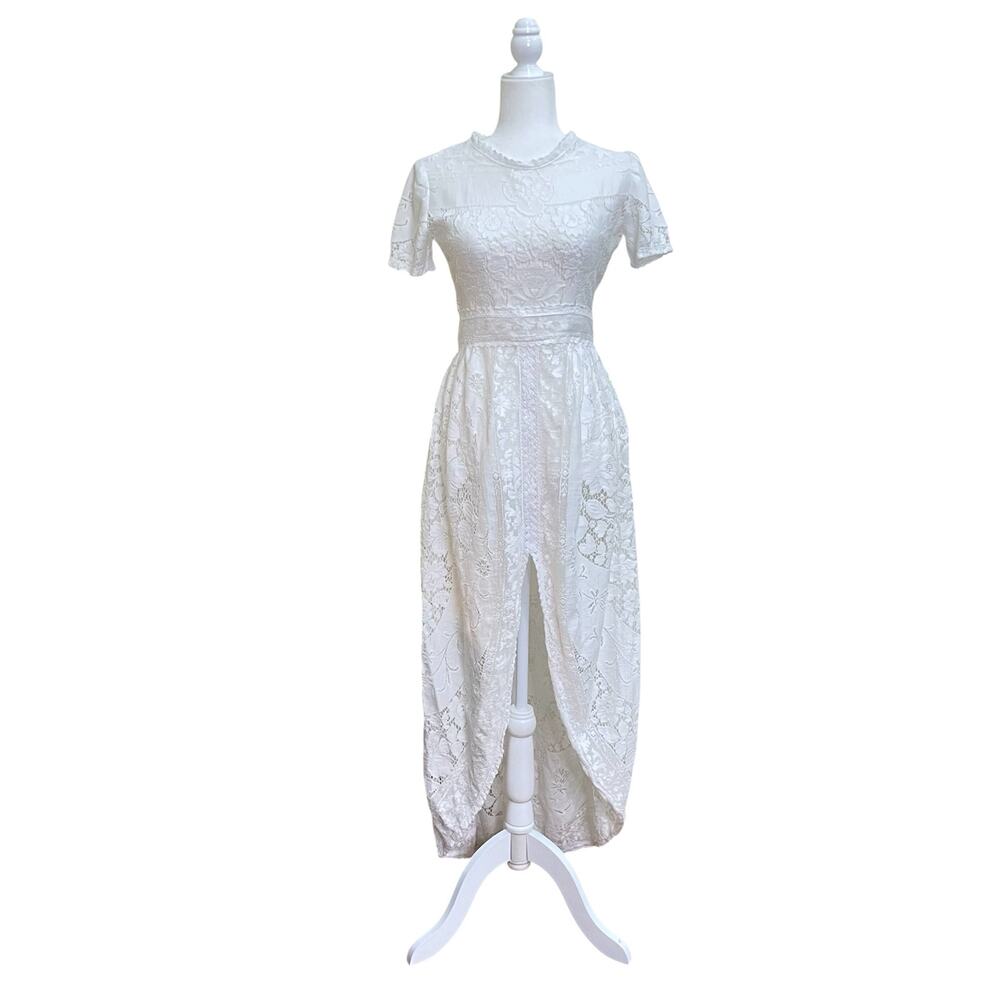 Vintage 60s Handmade White Lace Front Slit Sheer Boho Maxi Wedding Gown Dress